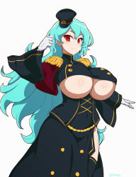 Rule 34 | 1girl, blue hair, breasts, cleavage, cleavage cutout, clothing cutout, hat, highres, huge breasts, imagawa yoshimoto (sengoku collection), military, military uniform, no bra, red eyes, revealing clothes, sengoku collection, smile, underboob, underboob cutout, uniform