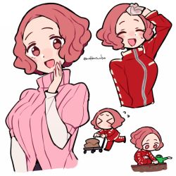 Rule 34 | &gt; &lt;, 1girl, :d, blush, brown eyes, brown hair, cart, do m kaeru, closed eyes, garden, gardening, gloves, layered sleeves, long sleeves, okumura haru, open mouth, persona, persona 5, pink sweater, red track suit, ribbed sweater, short hair, short over long sleeves, short sleeves, smile, sweatdrop, sweater, track suit, twitter username, watering can, wiping forehead