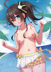 Rule 34 | 1girl, :q, absurdres, ahoge, beach, bird, blush, bow, bow skirt, breasts, brown hair, cat hair ornament, closed mouth, cloud, frilled skirt, frills, green eyes, hair between eyes, hair ornament, hair ribbon, heart, highres, hololive, hololive summer 2022 swimsuit, lens flare, looking at viewer, natsuiro matsuri, navel, nipples, ocean, official alternate costume, ontake2009, outdoors, palm tree, patterned, patterned clothing, pleated skirt, ribbon, seagull, side ponytail, skirt, small breasts, smile, solo, star (symbol), star tattoo, swimsuit, swimsuit skirt, tattoo, tongue, tongue out, topless, tree, virtual youtuber, water drop, wet, white swimsuit, yellow bow, yellow ribbon