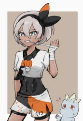 Rule 34 | 1girl, bea (pokemon), black bodysuit, black hairband, bodysuit, bodysuit under clothes, bow hairband, clenched teeth, collared shirt, commentary request, covered abs, covered navel, creatures (company), echizen (n fns17), eyelashes, game freak, gen 1 pokemon, grey eyes, grey hair, hair between eyes, hairband, highres, machop, mouth hold, nintendo, pokemon, pokemon (creature), pokemon swsh, print shirt, print shorts, shirt, short hair, short sleeves, shorts, side slit, side slit shorts, teeth, wrist wrap