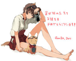 Rule 34 | 1girl, animal ears, barefoot, brown eyes, brown hair, camera, dated, dog, feet, fox, goggles, japanese clothes, katou keiko, shibafu (glock23), sitting, solo, strike witches, tail, toes, translated, witches of africa, world witches series