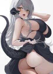 Rule 34 | 1girl, arm up, ass, au ra, black dress, blush, breasts, cleavage, clothes lift, cyobiro, dragon horns, dragon tail, dress, final fantasy, final fantasy xiv, from behind, grey hair, horns, large breasts, long hair, looking at viewer, looking back, open mouth, plunging neckline, scales, skirt, skirt lift, solo, tail, warrior of light (ff14), white background, yellow eyes
