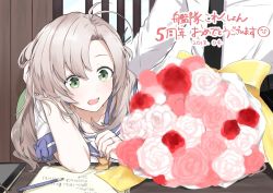 Rule 34 | 1boy, 1girl, ahoge, anniversary, blush, bouquet, collarbone, commentary, elbow rest, flower, green eyes, hair ornament, hand in own hair, hand on another&#039;s back, hand on own head, jewelry, kantai collection, kinugasa (kancolle), long hair, messy hair, morinaga miki, open mouth, pink flower, pink hair, pink rose, red flower, red rose, remodel (kantai collection), ribbon, ring, rose, school uniform, serafuku, side ponytail, sidelocks, sitting, smile, translation request, wedding band, white flower, white rose, yellow neckwear