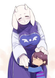 Rule 34 | 1girl, 1other, androgynous, animal ears, blue eyes, breasts, brown hair, closed eyes, frisk (undertale), furry, furry female, goat ears, goat girl, highres, horns, hug, large breasts, mogiki hayami, shirt, simple background, smile, striped clothes, striped shirt, toriel, undertale, white background