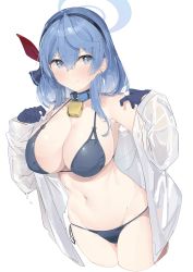 Rule 34 | 1girl, absurdres, ako (blue archive), alreadyusedpai, bell, bikini, blue archive, blue bikini, blue eyes, blue hair, blush, breasts, cropped legs, earrings, gloves, hair between eyes, hair ribbon, hairband, halo, highres, jacket, jewelry, large breasts, long hair, looking at viewer, neck bell, ribbon, side-tie bikini bottom, solo, swimsuit, wet, white background