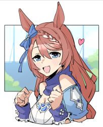 Rule 34 | 1girl, animal ears, ayuuuuuu, bare shoulders, blue eyes, blush, bow, braid, breasts, brown hair, cleavage, cropped torso, crown braid, hair bow, heart, heart hands, horse ears, large breasts, looking at viewer, open mouth, scarf, smile, solo, super creek (umamusume), umamusume, upper body, wrist cuffs