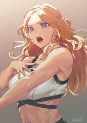 1girl abs artist_name blonde_hair breasts clothes_writing commentary gakuen_idolmaster highres idolmaster juo_sena long_hair mikel_(4hands) muscular muscular_female open_mouth purple_eyes solo