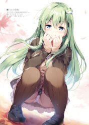 Rule 34 | 1girl, absurdres, autumn leaves, blue eyes, blush, branch, breasts, buttons, closed mouth, cosplay, frilled skirt, frills, frog hair ornament, full body, green eyes, hair ornament, hands up, highres, jacket, kochiya sanae, leaf, loafers, long hair, long sleeves, looking at viewer, medium breasts, miyase mahiro, open clothes, open jacket, panties, shoes, skirt, sleeves past wrists, smile, suzuya (kancolle), suzuya (kancolle) (cosplay), thighhighs, thighs, touhou, underwear, white panties