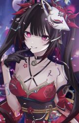 Rule 34 | 1girl, absurdres, bare shoulders, bell, black choker, black gloves, black hair, black sash, breasts, chest tattoo, chllin0, choker, cleavage, commentary, criss-cross halter, detached sleeves, dress, facial mark, fox mask, gloves, grin, halterneck, hand up, highres, honkai: star rail, honkai (series), jingle bell, long hair, looking at viewer, mask, mask on head, medium breasts, neck bell, obi, purple eyes, red dress, sash, smile, solo, sparkle (honkai: star rail), tattoo, twintails, upper body, very long hair