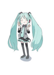 Rule 34 | :t, absurdres, aqua hair, aqua necktie, aqua skirt, black footwear, black skirt, black sleeves, blush, boots, closed eyes, closed mouth, collared shirt, commentary, detached sleeves, eating, english commentary, full body, grey shirt, hair ornament, hatsune miku, highres, holding, holding skewer, long hair, necktie, pleated skirt, shimotsu., shirt, simple background, skewer, skirt, sleeveless, sleeveless shirt, smile, standing, thigh boots, tie clip, twintails, two-tone skirt, very long hair, vocaloid, white background