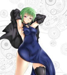 Rule 34 | 1girl, armpits, arms behind head, arms up, artist request, black thighhighs, blue dress, breasts, caladrius, cape, covered erect nipples, covered navel, dress, eleanor riegl, green hair, highres, hood, looking at viewer, parted lips, red eyes, shiny clothes, shiny skin, short hair, side slit, sideboob, single thighhigh, solo, thighhighs