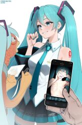 1girl 2boys aqua_eyes aqua_hair aqua_nails arm_tattoo artist_name bare_shoulders black_sleeves breasts cellphone clenched_teeth commentary cosplay covering_face detached_sleeves english_commentary fishstick_(fortnite) fortnite hair_between_eyes hatsune_miku hatsune_miku_(cosplay) highres holding holding_pen holding_phone lilatole long_hair multiple_boys navel necktie nude number_tattoo parted_lips patreon_username pen phone pleated_skirt skirt sleeveless small_breasts smartphone tattoo teeth thighhighs topless twintails very_long_hair vocaloid watermark web_address wide_sleeves