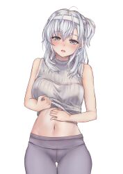 Rule 34 | 1girl, absurdres, ahshi (yingchuan songshu), black bra, bra, breasts, cameltoe, covered erect nipples, embarrassed, grey eyes, grey hair, grey pantyhose, hachimaki, headband, highres, kantai collection, large breasts, lifting own clothes, navel, open mouth, pantyhose, ribbed sweater, side ponytail, solo, suzutsuki (kancolle), sweater, underwear, white headwear