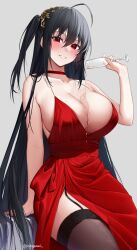 Rule 34 | 1girl, absurdly long hair, ahoge, arm support, azur lane, bare arms, black hair, black thighhighs, blush, breasts, choker, cleavage, collarbone, commentary request, cup, dress, drinking glass, grey background, highres, holding, holding cup, large breasts, long hair, looking at viewer, official alternate costume, red choker, red dress, side slit, simple background, sitting, smile, solo, spilling, taihou (azur lane), taihou (forbidden feast) (azur lane), thighhighs, very long hair, yorugami rei