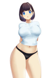 Rule 34 | 1girl, black panties, blue eyes, blueorca, blush, breasts, brown hair, commentary, highres, large breasts, looking at viewer, medium hair, midriff, navel, original, panties, parted lips, shirt, solo, thick thighs, thighs, underwear, white background, white shirt