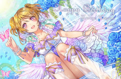 Rule 34 | 10s, 1girl, blonde hair, blush, brown hair, bug, butterfly, character name, dated, dress, dutch angle, flower, frills, gradient eyes, hair ornament, hairclip, happy birthday, insect, jewelry, koizumi hanayo, love live!, love live! school idol festival, love live! school idol project, madogawa, multicolored eyes, purple eyes, short hair, smile, solo