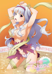 Rule 34 | 1girl, armpits, arms behind head, arms up, assisted exposure, bdsm, blush, bondage, bound, bound wrists, bow, bow panties, breasts, character name, dated, dress, embarrassed, entangled, exploding clothes, food, hair censor, hair intakes, hair over breasts, happy birthday, idolmaster, idolmaster (classic), in food, large breasts, long hair, no bra, noodles, open mouth, panties, purple eyes, shijou takane, silver hair, solo, sunsun69, torn clothes, torn dress, underwear, wading, white panties