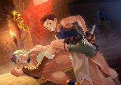 Rule 34 | 2boys, age difference, architecture, bara, dry humping, gun, highres, holding, holding gun, holding weapon, humping, implied yaoi, looking at viewer, male focus, multiple boys, muscular, muscular child, onii-shota, original, pelvic curtain, science fiction, short hair, shorts, temple, thighs, weapon, yaoi, zxanzai