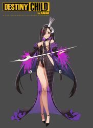 Rule 34 | bare shoulders, black hair, breasts, crown, destiny child, detached sleeves, hair ornament, hairpin, highres, looking at viewer, maupin (destiny child), medium breasts, no bra, no panties, see-through, sword, tagme, thighs, weapon, zig90