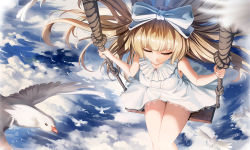 Rule 34 | 1girl, bare arms, bare legs, bare shoulders, bird, blonde hair, blue sky, blunt bangs, blush, bow, breasts, closed eyes, closed mouth, cloud, cloudy sky, colored eyelashes, day, dress, eyelashes, floating hair, green bow, hair between eyes, hair bow, hair ornament, hanging, highres, holding, holding rope, lace, lace-trimmed skirt, lace trim, lingerie, long hair, makeup, mascara, medium breasts, obaoba (monkeyix), original, outdoors, panties, rope, seagull, sitting, skirt, sky, sleeveless, sleeveless dress, solo, swing, swing set, swinging, underwear, very long hair, white dress, white panties