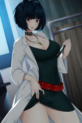 Rule 34 | 1girl, black hair, blue hair, breasts, brown eyes, choker, cleavage, collar, collarbone, jewelry, lab coat, lindaroze, looking at viewer, medium breasts, nail polish, necklace, persona, persona 5, short hair, smile, solo, takemi tae