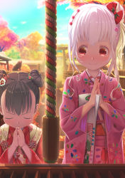 Rule 34 | 2girls, age difference, ainu, aiuabo, albino, autumn, autumn leaves, black hair, blush, bow, box, child, closed eyes, commentary request, donation box, double bun, flower, flower knot, hair bow, hair bun, hair flower, hair ornament, highres, holding, japanese clothes, kimono, looking at another, multiple girls, obi, original, own hands together, pink kimono, praying, red bow, red eyes, rope, sash, shichi-go-san, shrine, side bun, side ponytail, sidelocks, single side bun, smile, torii, upper body, v-shaped eyebrows, white hair