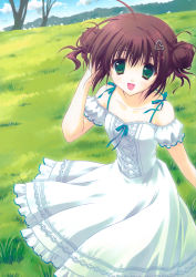 Rule 34 | 1girl, :d, absurdres, bare shoulders, blue sky, close-up, collarbone, day, double bun, dress, female focus, field, frilled dress, frills, grass, green eyes, hair bun, hair ornament, hand in own hair, heart, heart hair ornament, highres, looking at viewer, meadow, open mouth, original, outdoors, plant, puffy short sleeves, puffy sleeves, ribbon, ryouka (suzuya), scan, short sleeves, sky, smile, solo, summer, tree, white dress, wind