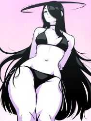 Rule 34 | 1girl, arms behind back, bikini, black bikini, black choker, black eyes, black hair, black halo, breasts, breasts apart, choker, closed mouth, collarbone, cowboy shot, from below, gradient background, groin, halo, highres, knees, legs together, long hair, looking at viewer, looking down, medium breasts, navel, nila (telepurte), original, pink background, side-tie bikini bottom, sidelocks, simple background, skindentation, solo, standing, stomach, string bikini, swept bangs, swimsuit, telepurte, thick thighs, thighhighs, thighs, very long hair