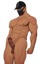 1boy abs arms_at_sides bar_censor bara baseball_cap blush censored completely_nude cowboy_shot dark-skinned_male dark_skin erection hat highres kansuke_(kansuke_717) large_pectorals male_focus mask motion_lines mouth_mask muscular muscular_male navel nipples nude original pectorals penis short_hair shredded_muscles solo standing thick_thighs thighs twitching_penis undercut