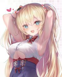 Rule 34 | 1girl, :d, adjusting hair, akai haato, akai haato (1st costume), armpits, arms up, bad id, bad pixiv id, blonde hair, blue eyes, breasts, checkered background, clothing cutout, heart, highres, hololive, large breasts, long hair, open mouth, simple background, sleeveless, smile, underboob, underboob cutout, upper body, virtual youtuber, yuzuno kaori