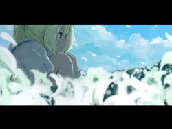 Rule 34 | 1girl, bad id, bad pixiv id, blonde hair, closed mouth, cloud, commentary, creatures (company), day, field, flower, flower field, game freak, green eyes, highres, legs together, letterboxed, lillie (pokemon), long hair, melon syrup, nintendo, outdoors, petals, pokemon, pokemon sm, short sleeves, sitting, sky, solo