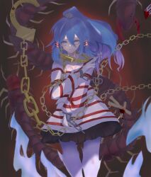 Rule 34 | 1girl, absurdres, between fingers, blue eyes, blue hair, bug, centipede, chain, chained, cuffs, expressionless, gold chain, hair between eyes, hair ornament, hand up, highres, holding, looking at viewer, miyadeguchi mizuchi, parted lips, ponytail, prison clothes, shackles, simple background, skull hair ornament, standing, teeth, touhou, user sgnk8532