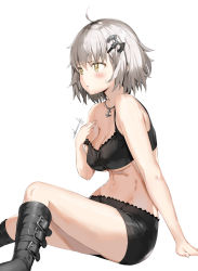Rule 34 | 1girl, absurdres, ahoge, arm at side, black bra, black footwear, black shorts, blush, boots, bra, breasts, cleavage, collarbone, commentary request, fanning self, fate/grand order, fate (series), fingernails, groin, hair between eyes, hair ornament, hairclip, highres, hot, jeanne d&#039;arc (fate), jeanne d&#039;arc alter (avenger) (fate), jeanne d&#039;arc alter (fate), jewelry, knee boots, looking away, medium breasts, midriff, nail polish, navel, necklace, pink nails, pixel (yuxian), short hair, short shorts, shorts, silver hair, simple background, sitting, solo, sports bra, stomach, strap slip, sweatdrop, underboob, underwear, white background, yellow eyes