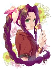 Rule 34 | 1girl, aerith gainsborough, bangle, bracelet, braid, braided ponytail, brown hair, cropped jacket, final fantasy, final fantasy vii, final fantasy vii remake, floral background, flower, green eyes, hair ribbon, holding, holding flower, jacket, jewelry, light blush, lily (flower), long hair, looking at viewer, parted bangs, pink ribbon, red jacket, ribbon, sanroku 3, short sleeves, sidelocks, smile, solo, twitter username, upper body, white background, yellow flower