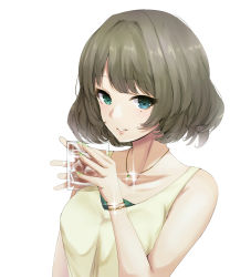 Rule 34 | 1girl, absurdres, bare shoulders, blue eyes, bracelet, breasts, brown hair, collarbone, cup, drinking glass, eyelashes, green eyes, heterochromia, highres, holding, holding cup, ice, ice cube, idolmaster, idolmaster cinderella girls, jewelry, lips, looking at viewer, medium breasts, mole, mole under eye, nail polish, necklace, parted lips, ryuu., short hair, simple background, sleeveless, smile, solo, sparkle, takagaki kaede, upper body