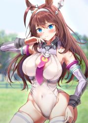 Rule 34 | 1girl, ahoge, animal ears, bare shoulders, blue eyes, blush, breasts, brown hair, cleavage, covered navel, detached sleeves, fukuda shuushi, grey hairband, hairband, hands up, highleg, highleg leotard, highres, horse ears, horse girl, horse tail, large breasts, leotard, long hair, looking at viewer, mihono bourbon (umamusume), smile, solo, tail, thighhighs, thighs, umamusume, white leotard, white thighhighs