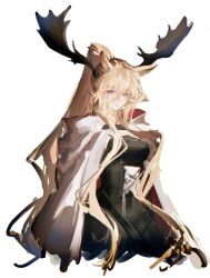 Rule 34 | 1girl, animal ears, antlers, arknights, black dress, blonde hair, blue eyes, breasts, cape, deer antlers, deer ears, deer girl, dress, horns, long hair, looking at viewer, medium breasts, ponytail, red cape, sidelocks, simple background, solo, two-sided cape, two-sided fabric, upper body, very long hair, viviana (arknights), white background, white cape, xiao dao (kojimarie)