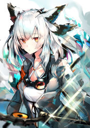 Rule 34 | 1girl, arknights, artist name, commentary request, goggles, goggles around neck, grey jacket, hair between eyes, highres, jacket, looking at viewer, open clothes, open jacket, orange eyes, pointy hair, ptilopsis (arknights), sakusyo, short hair, signature, silver hair, solo, upper body