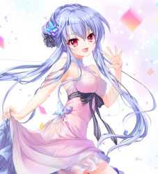 Rule 34 | 1girl, :d, alternate costume, arm at side, bare arms, black bow, black ribbon, blue hair, blush, bow, braid, braided bun, breasts, butterfly hair ornament, commentary request, confetti, dress, eyelashes, eyes visible through hair, floating hair, formal, frilled dress, frills, glint, hair between eyes, hair bow, hair bun, hair ornament, hand up, happy, izumi tsubasu, large breasts, long hair, looking at viewer, official art, open mouth, pink dress, red eyes, ribbon, sidelocks, simple background, single hair bun, skirt hold, sleeveless, sleeveless dress, smile, solo, sorakado ao, summer pockets, very long hair, waving, white background
