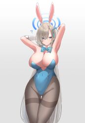 Rule 34 | 1girl, ?, absurdres, animal ears, armpits, arms up, asuna (blue archive), asuna (bunny) (blue archive), black pantyhose, blue archive, blue bow, blue bowtie, blue eyes, blue halo, blue leotard, bow, bowtie, breasts, cleavage, closed mouth, commentary request, covered navel, detached collar, facing viewer, fake animal ears, feet out of frame, gloves, grey background, grey hair, halo, highleg, highleg leotard, highres, huge breasts, leotard, long hair, looking ahead, mole, mole on breast, official alternate costume, pantyhose, playboy bunny, presenting armpit, rabbit ears, simple background, solo, standing, strapless, strapless leotard, thighband pantyhose, usa otome, very long hair, white gloves