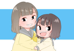 Rule 34 | 2girls, bow, bowtie, brown hair, character request, chibi, commentary request, grey sailor collar, highres, kashikaze, long sleeves, looking at viewer, medium hair, multiple girls, open mouth, real life, sailor collar, saitou shuka, school uniform, serafuku, smile, teeth, upper body, upper teeth only, uranohoshi school uniform, voice actor, yellow bow, yellow bowtie