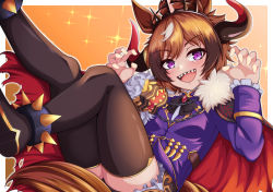 Rule 34 | 1girl, animal ears, black bow, black footwear, black headwear, black shorts, black thighhighs, bow, brooch, brown hair, cape, chain, claw pose, commentary request, demon horns, frilled sleeves, frills, fur-trimmed cape, fur trim, halloween, horns, horse ears, horse girl, horse tail, jacket, jewelry, kurarika, leg up, long sleeves, looking at viewer, multicolored hair, official alternate costume, open mouth, partial commentary, purple eyes, purple jacket, red cape, sharp teeth, shinko windy (burst out! the demon king&#039;s army of terror) (umamusume), shinko windy (umamusume), shoes, short shorts, shorts, smile, solo, sparkle, spiked anklet, tail, teeth, thighhighs, tiara, umamusume