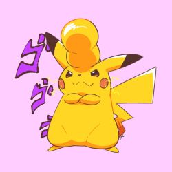Rule 34 | artsy-rc, closed mouth, commentary, english commentary, full body, gen 1 pokemon, highres, jojo no kimyou na bouken, no humans, pikachu, pink background, pokemon, pokemon (creature), pompadour, signature, simple background, smile, solo, sparks, standing