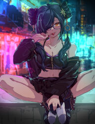 Rule 34 | + +, 1girl, :p, absurdres, bare shoulders, beibei890841655, black bustier, black hair, black jacket, black skirt, blue-framed eyewear, blurry, blurry background, breasts, candy, city, cleavage, detached hair, food, glasses, green hair, hair ornament, hair over one eye, hair scrunchie, highres, holding, holding candy, holding food, holding lollipop, indian style, jacket, kitakoji hisui, kitakoji hisui (4th costume), large breasts, lens flare, lollipop, long hair, long sleeves, looking at viewer, low twintails, midriff, miniskirt, navel, night, nijisanji, off shoulder, open clothes, open jacket, pleated skirt, scrunchie, sitting, skirt, solo, star (symbol), star hair ornament, tongue, tongue out, twintails, virtual youtuber, yellow eyes, zipper, zipper pull tab