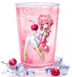 1girl 2000s_(style) alternate_color alternate_eye_color alternate_hair_color alternate_hair_length alternate_hairstyle animal_ears aoki_lapis artist_name borrowed_design cat_ears cat_girl cherry cherry_blossoms commentary contributi0ns cup detached_sleeves drink english_commentary floating flower food fruit headset heart highres holding holding_food ice ice_cube in_container in_cup kemonomimi_mode mini_person minigirl open_mouth petals pink_eyes pink_hair pink_skirt pink_theme sakura_lapis scarf shoes short_hair simple_background skirt solo thighhighs tumblr_username vocaloid white_background