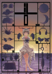 Rule 34 | 1girl, arms behind back, backlighting, bamboo shoot, bare arms, barefoot, bird, bloomers, bug, butterfly, closed mouth, cloud, collarbone, crescent, cross, cross necklace, desert, dress, eyebrows, flat chest, flower, full body, grass, grey hair, hair ornament, halo, headphones, headphones removed, heart, highres, horizon, ilis, insect, jewelry, long hair, looking at viewer, mushroom, necklace, original, outdoors, pendant, pocket watch, rosary, shadow, shorts, sky, smile, solo, standing, standing on one leg, tree, tree stump, twilight, twintails, umbrella, underwear, watch, white dress