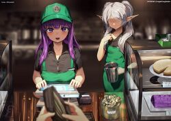 Rule 34 | 2girls, apron, artist logo, black shirt, blurry, blurry background, blurry foreground, brand name imitation, breasts, cake, collarbone, collared shirt, fern (sousou no frieren), food, frieren, green apron, grey hair, highres, knightfang, large breasts, long hair, money, multiple girls, no eyes, open mouth, patreon username, pointy ears, purple eyes, purple hair, shirt, small breasts, sousou no frieren, tablet pc, tip jar, twintails, twitter username, wallet