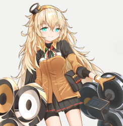 Rule 34 | 1girl, ammunition, bike shorts, black skirt, blonde hair, blue eyes, blush, breasts, commentary request, crossed bangs, dutch angle, girls&#039; frontline, gloves, gun, hair between eyes, hat, highres, long hair, long sleeves, looking at viewer, machinery, matsuo (matuonoie), medium breasts, mini hat, multicolored ribbon, neck ribbon, pleated skirt, ribbon, s.a.t.8 (girls&#039; frontline), shotgun, shotgun shell, simple background, skirt, smile, solo, weapon, white background, yellow gloves