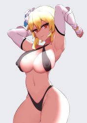 Rule 34 | 1girl, absurdres, alternate costume, bare shoulders, bikini, blonde hair, blue background, breasts, closed mouth, commentary request, detached sleeves, genshin impact, highres, large breasts, looking at viewer, lumine (genshin impact), nac000, red eyes, smile, solo, swimsuit, thick thighs, thighs
