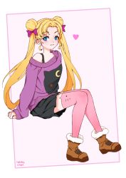 Rule 34 | 1girl, artist name, bishoujo senshi sailor moon, black skirt, blonde hair, blue eyes, blush, boots, bow, brown footwear, double bun, fur boots, grin, hair bow, hair bun, hair intakes, heart, invisible chair, long hair, long sleeves, looking at viewer, luna (sailor moon), miniskirt, off-shoulder sweater, off shoulder, pink thighhighs, pleated skirt, print sweater, purple bow, purple sweater, sitting, skirt, sleeves past wrists, smile, solo, sweater, tabby chan, thighhighs, tsukino usagi, very long hair, white background, zettai ryouiki
